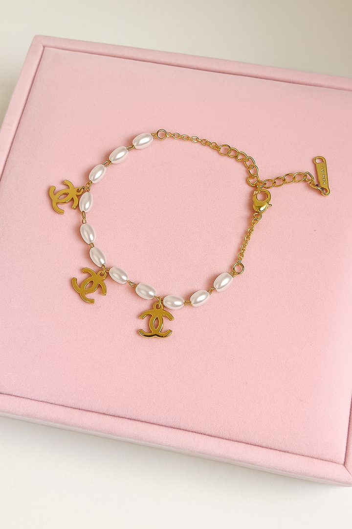 Gleesa Golden Grace Pearl Charm Bracelet